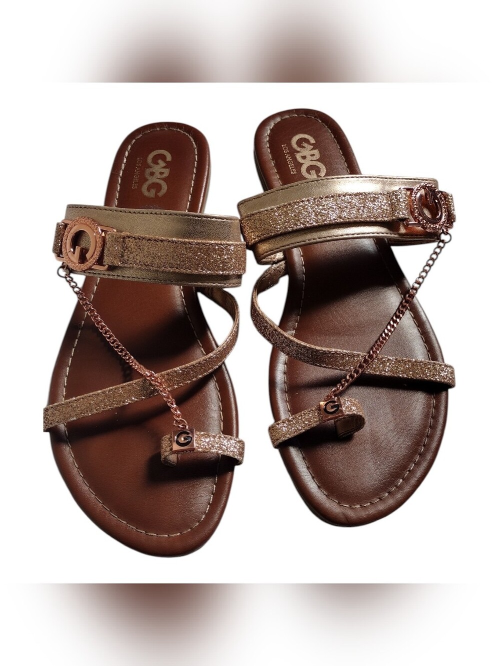 GBG Los Angeles Rose Gold Glitter Chain Toe-Loop Sandals